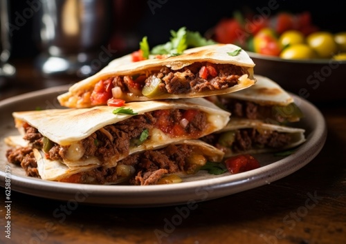 quesadillas filled with spicy beef and peppers, lightly toasted and served on a ceramic white plate