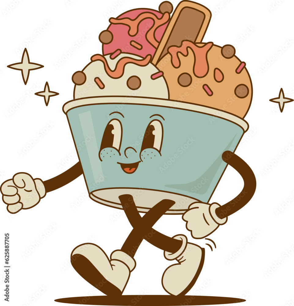 Retro cartoon funny Ice cream character, cute mascot. Vintage frozen sweet food vector illustration. Nostalgia 60s, 70s, 80s