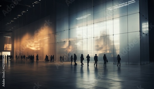 Silhouettes of people walking in the corridor of modern office building