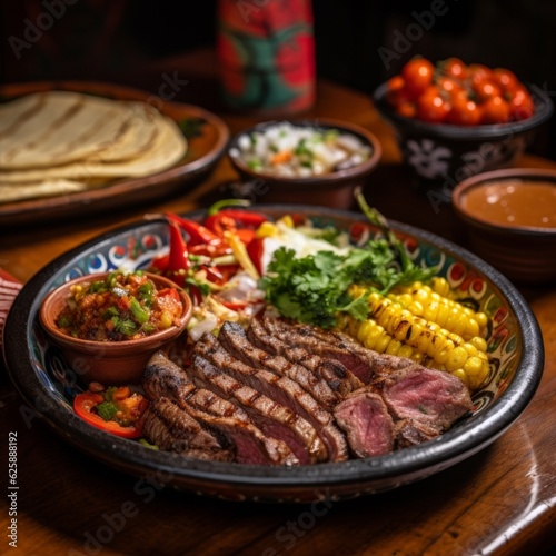 Arrachera accompanied by grilled vegetables and corn tortillas, presented on a traditional Mexican plate