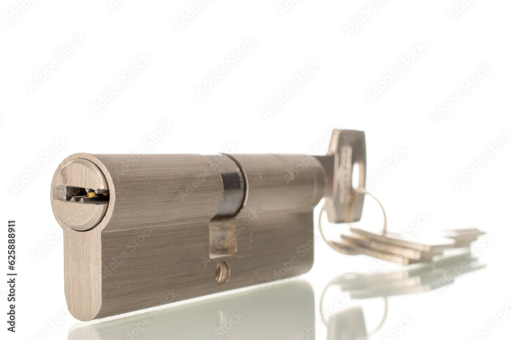 One core metal lock with key, macro, isolated on white background. One core metal lock with key, macro, isolated on white background.