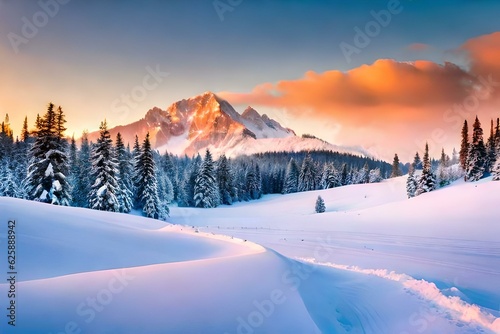sunrise in the mountains in winter AI Generated 