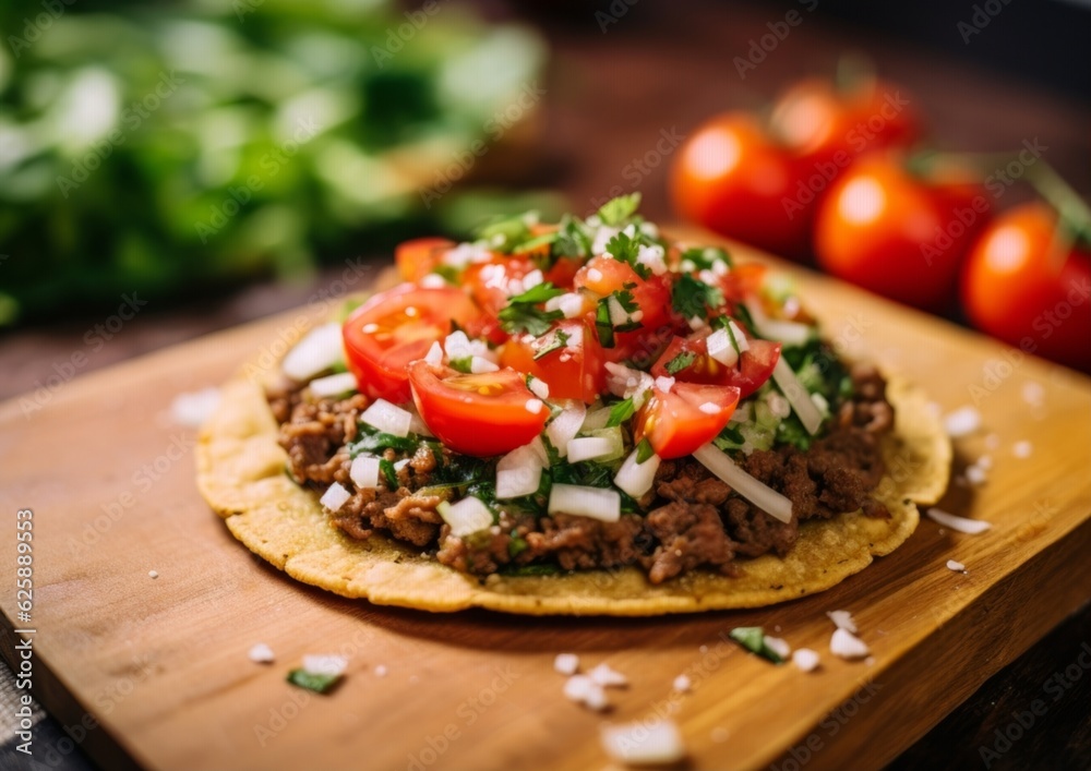 Tostadas supreme packed with savory beef and drizzled with fresh salsa verde, lying casually on a handmade burlap textile Tostadas supreme packed with savory beef and drizzled with fresh salsa verde, lying casually on a handmade burlap textile