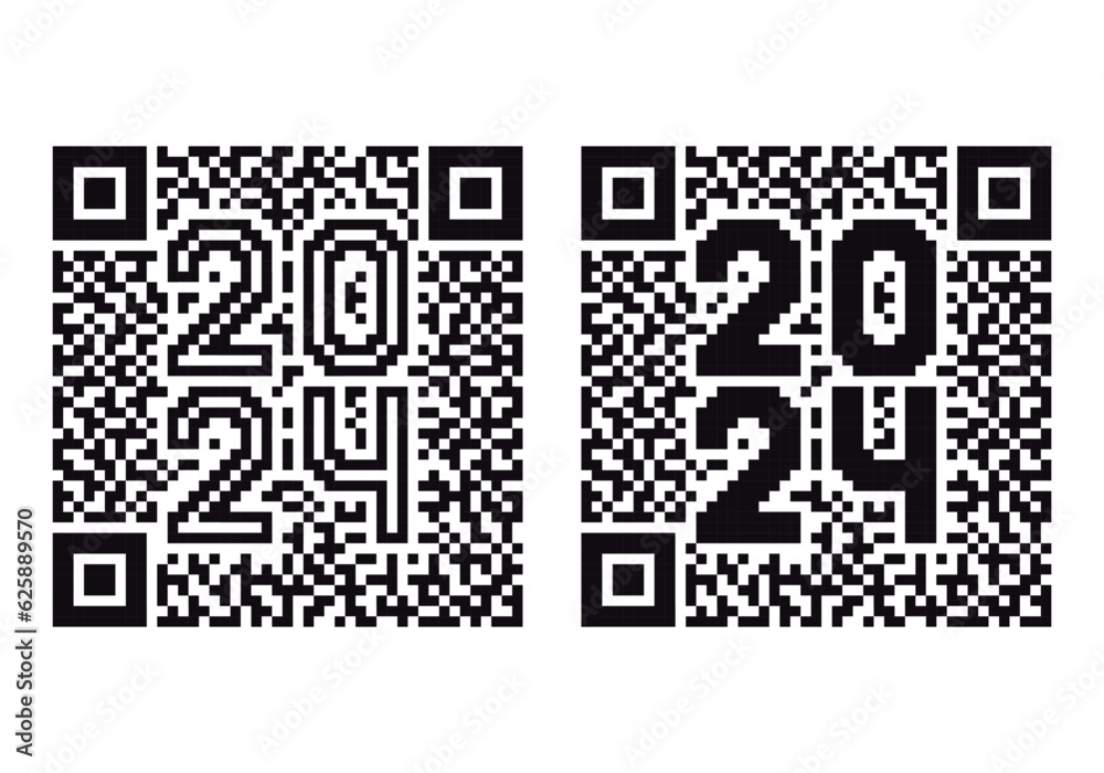 Happy New Year 2024 QR code icon isolated in white background. Universal pixelated qr code monochrome icon for greeting card, link,  logo  and other design. Vector Illustration. Set.