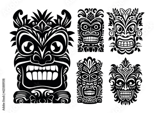 Hawaiian ethnic tiki god head set. Tribal totem mask black silhouette vector illustration.