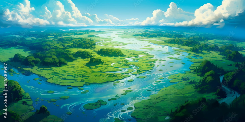 aerial view of a river delta with lush green vegetation and winding waterways Generative AI