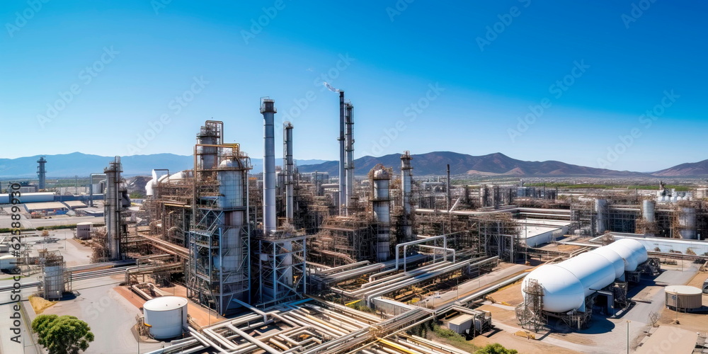 Aerial view of a sprawling industrial complex with smokestacks and warehouses. Generative Ai Aerial view of a sprawling industrial complex with smokestacks and warehouses. Generative Ai