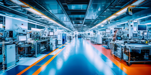 A modern electronics manufacturing plant with cleanrooms, precision equipment, and technicians assembling intricate electronic devices. Generative AI