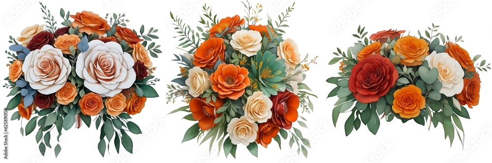 Watercolor wedding flowers in boho theme set of 3 in orange, burgundy, green, and blue colors
