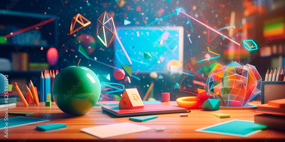 dynamic back to school background with a burst of colorful geometric shapes and symbols representing different academic subjects. Generative Ai dynamic back to school background with a burst of colorful geometric shapes and symbols representing different academic subjects. Generative Ai
