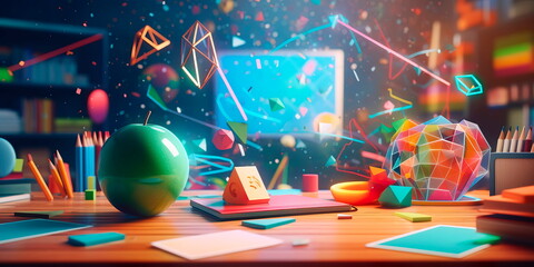 dynamic back to school background with a burst of colorful geometric shapes and symbols representing different academic subjects. Generative Ai