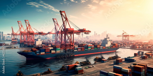 Wallpaper Mural busy seaport with cargo ships being loaded and unloaded, cranes lifting containers, and logistics operations supporting global trade