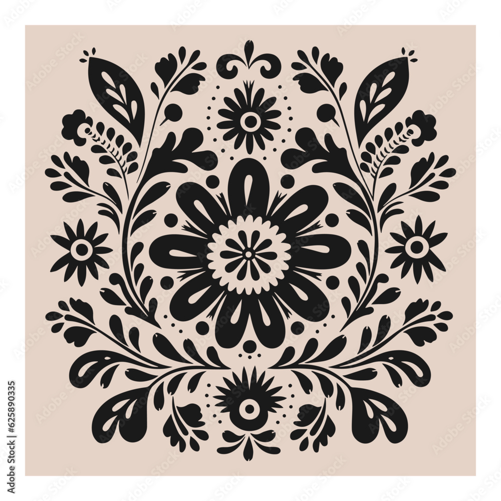 Fototapeta premium Black and beige boho symmetrical ornament with flowers. Scandinavian folk art. Ethnic botanical vector illustration. Floral silhouette composition.