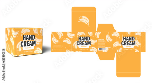 Nice hand cream yellow package design with a Banana flavor, in a small cardboard die line. Template for spa and care branding, ready for print