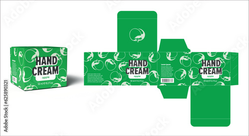 Nice hand cream package design with a Green Apple Flavor, in a small cardboard die line. Template for spa and care branding, ready for print