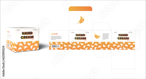 Design of hand cream package. Yellow gradient Banana Flavor small cardboard die line. Cosmetics and care branding template. Ready to print.