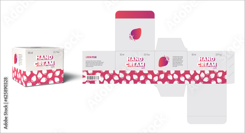 Design of hand cream package. Pink Strawberry Flavor small cardboard die line. Cosmetics and care branding template. Ready to print.