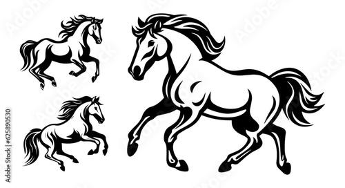 Running horse black outline art set. Animal mascot vector illustration. Logo graphic design.