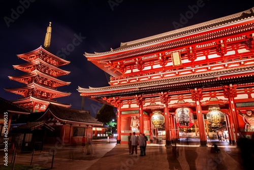 東京 浅草寺の夜景（宝蔵門と五重塔）