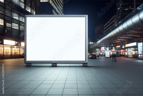 Billboard mockup outdoors, Outdoor advertising poster at night time with street light line for advertisement street city night. With clipping path on screen