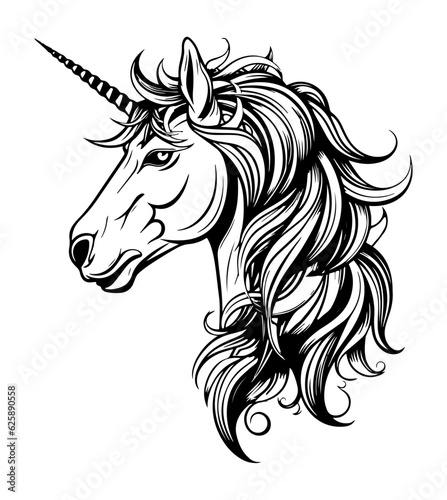 Unicorn horse head black outline art. Animal mascot vector illustration. Logo graphic design.