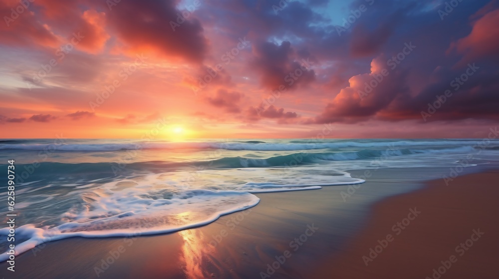 Majestätischer Sonnenuntergang am Strand. Weite Sicht auf das Meer mit farbenfrohen Wolken. Ruhe und Schönheit der Natur.