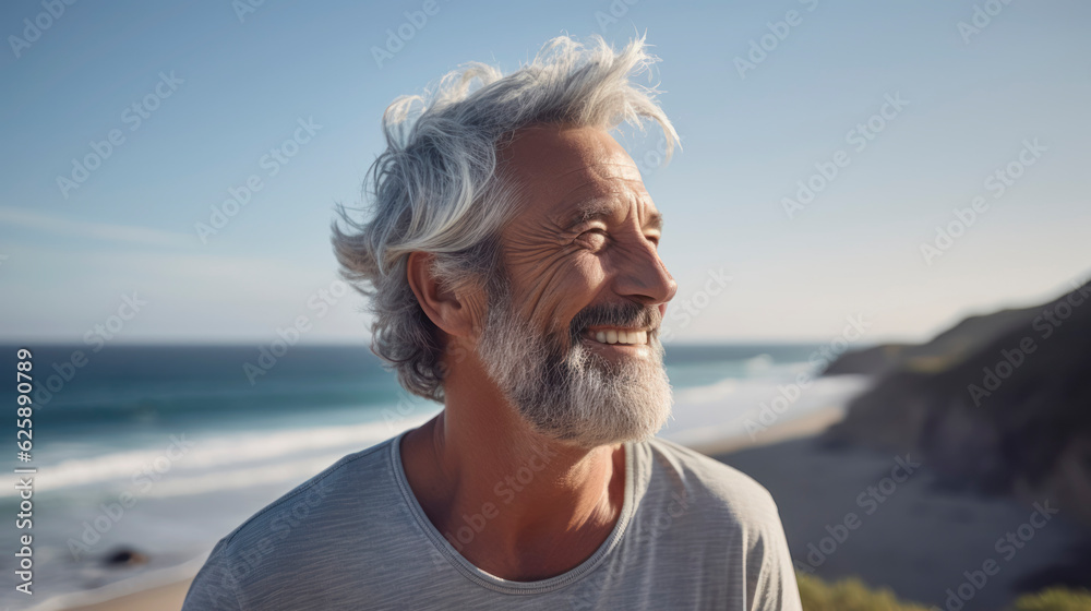 Smiling Senior man has fun on the beach in summer.