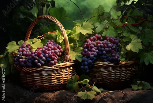 Dark grapes in a basket. Grape harvesting. Red wine grapes generative AI