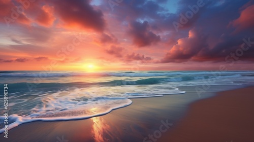 Majestätischer Sonnenuntergang am Strand. Weite Sicht auf das Meer mit farbenfrohen Wolken. Ruhe und Schönheit der Natur.