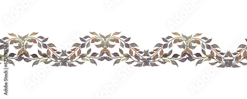 Vintage seamless border of roseship branches with leaves. Botanical Endless banner. Hand painted watercolor illustration for wedding invitation, pack
