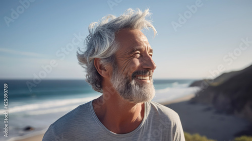 Smiling Senior man has fun on the beach in summer.