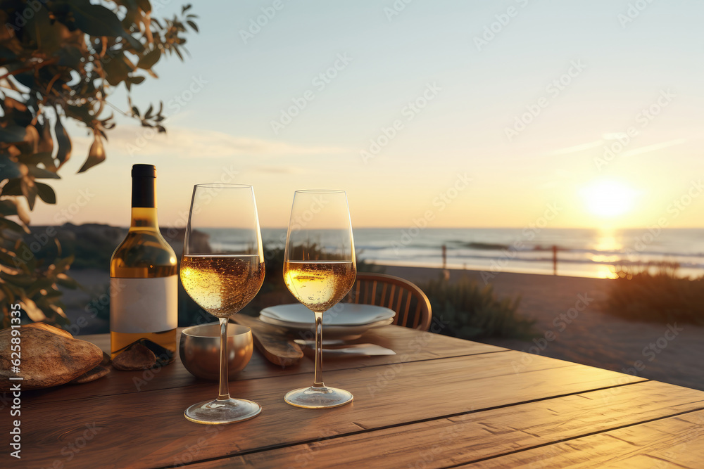 Close up of couple wine champagne glasses and bottle for celebration on wooden table with sea view and sunset sky background, chilling day, romantic dating, with Generative Ai.