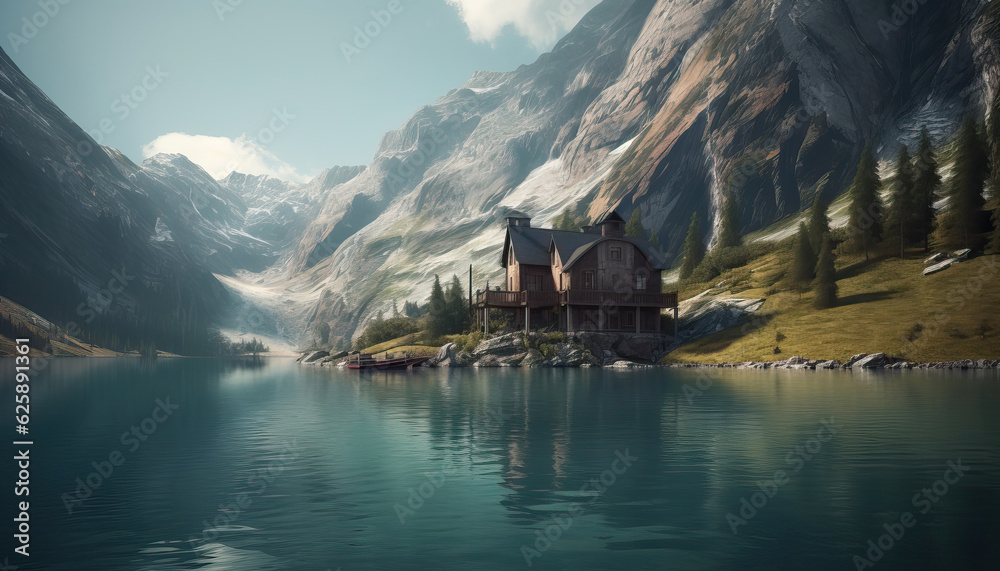 Fototapeta premium a house is in the middle of the lake in the mountains,lake bled,lake in the mountains