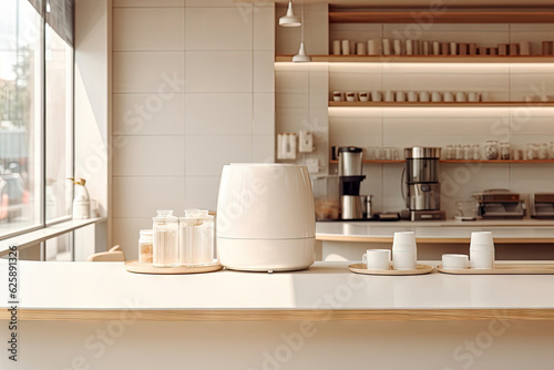 Minimal interior design coffee cafe bar shop with beige cozy tone style and with glossy ivory white round corner counter  coffee machinery  with Generative Ai.