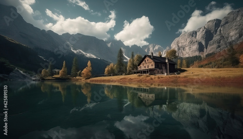 a house is in the middle of the lake in the mountains,lake bled,lake in the mountains © Moon