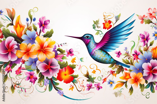 Image of pattern design using hummingbird and flowers and leaves. Wildlife Animals. Bird. Illustration, Generative AI.
