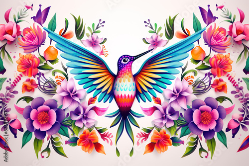 Image of pattern design using hummingbird and flowers and leaves. Wildlife Animals. Bird. Illustration, Generative AI.