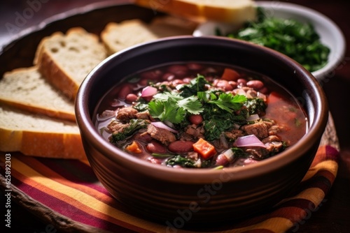 warming bowl of charro beans garnished with fresh cilantro and served with a crusty baguette