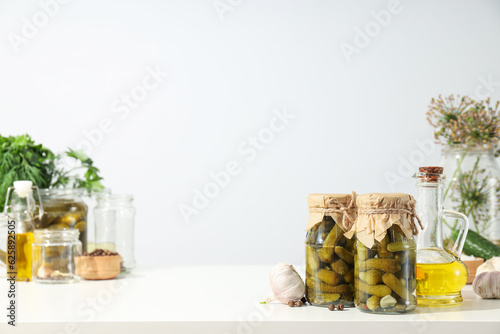 Tasty canned food concept, canned cucumbers, food for winter