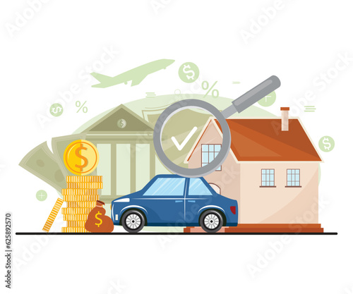 Modern flat cartoon illustration of living expenses. Cost of living, vehicle, insurances, travelings.