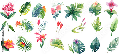 Big set of jungle leaves and flowers. Summer concept. topical plants on an isolated white background, Leaves and flowers set. watercolor botanical painting. AI generated