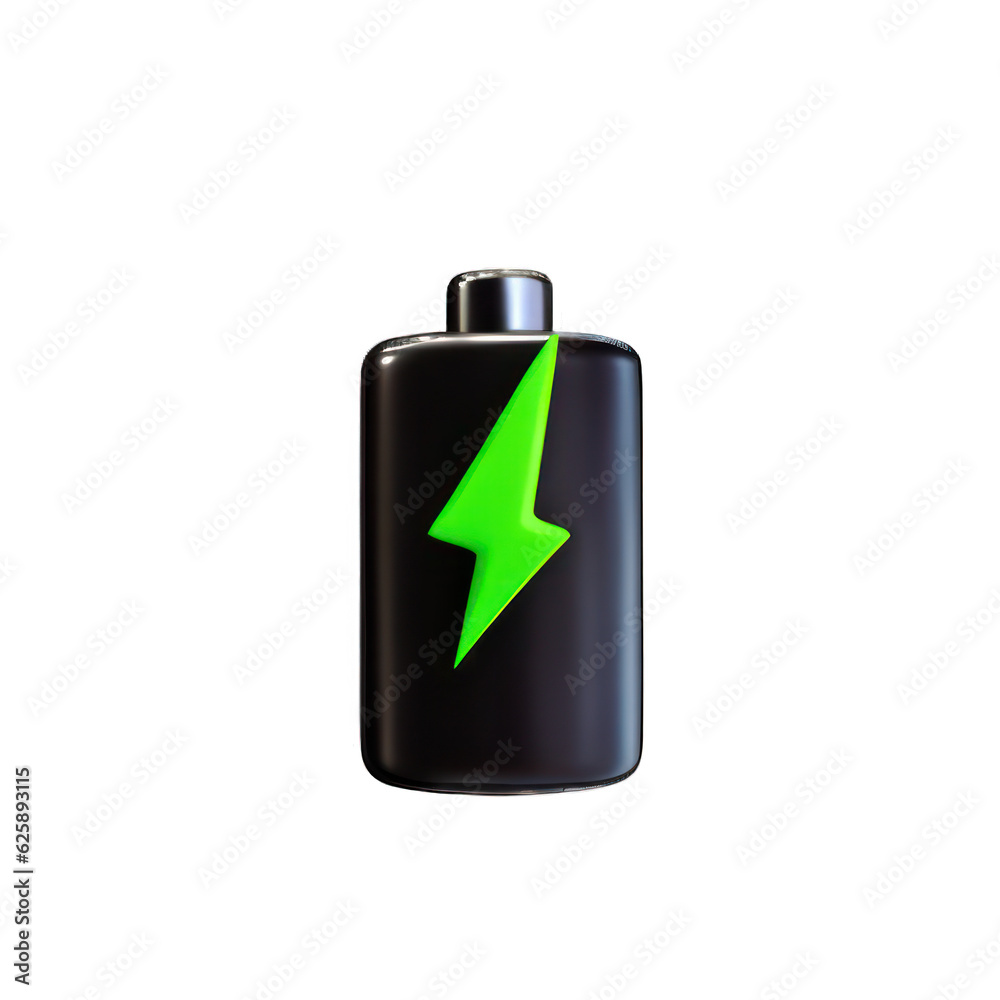 a battery with a green lightning symbol on it, plastic 3d style, isolated transparency background - generative ai.