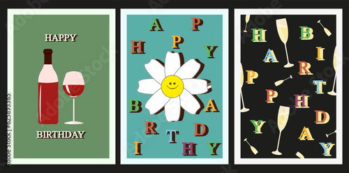 Set of Birthday card in Y2K Style. Retro aesthetic Trendy modern template of Greeting Card. Cover for posters, banners, flyer. Vector illustration 00s 70s. Hippie art.