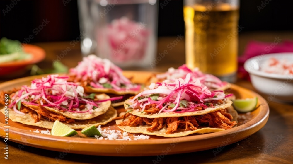 Cochinita Pibil Tostadas served on a ceramic plate along with some refreshing beverages in the background