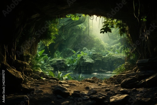 Hidden cave entrance in a lush jungle, Generative AI