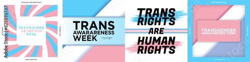 Set of Transgender Awareness Week Greeting Designs. Trans Awareness Week Artworks. Trans Rights are Human Rights. Celebrated on November 13 to 19. Trans Pride Flag Colors. Vector Illustration.