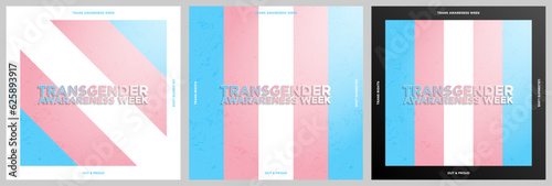 Set of Transgender Awareness Week Concept Greeting Cards. Trans pride flag background with with sunlight and lettering. Trans Rights, out and proud. Celebrate love. Vector Illustration.