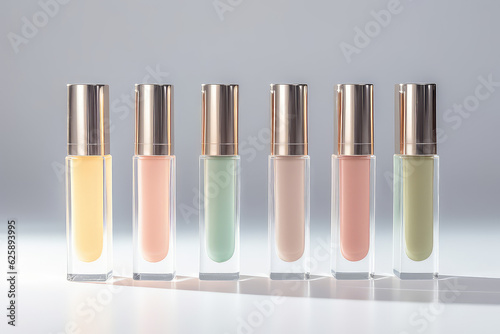 Clean bottles of lip gloss in a pastel color palette. Mockup for branding, liquid lipstick isolated on light flat background with copy space. 3d render illustration style.