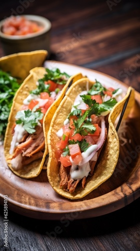 Beef Tongue Tacos, beautifully crafted with a spicy salsa and fresh sour cream on an artisan ceramic plate