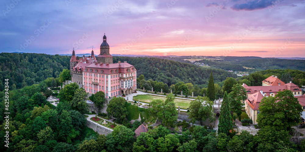 Sunset aerial panorama of Ksiaz Castle near Walbrzych, Poland.